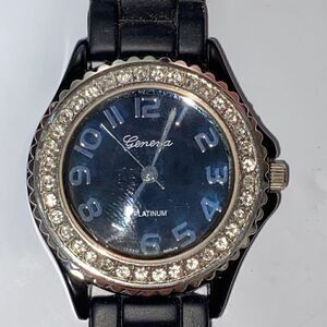 Geneva Women's Black Silicone Band Water Resistant Faux Diamond Quartz Watch OS